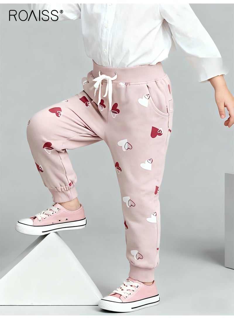 roaiss Toddler Girls Sweatpants with Heart-shaped Patterns, Comfortable Joggers with 2 Side Pockets, Drawstring Long Pants with Cuffed Ankles, Suitable for Daily Wear or Any Occasion - Image 1