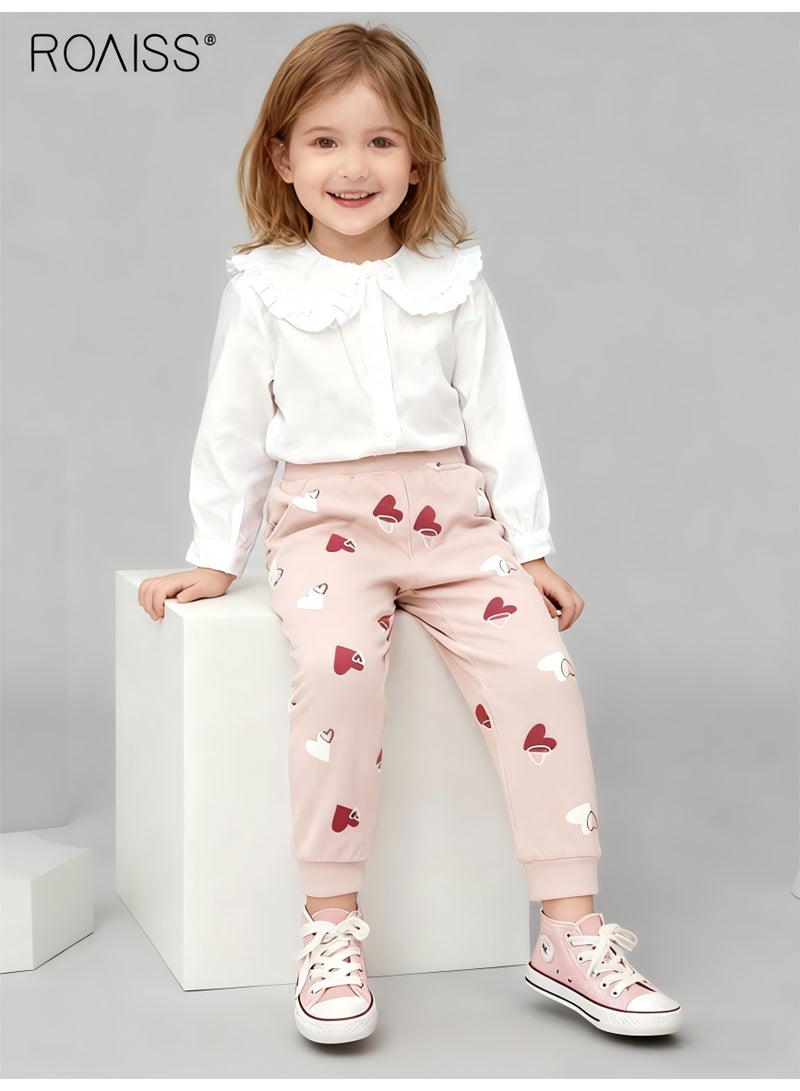 roaiss Toddler Girls Sweatpants with Heart-shaped Patterns, Comfortable Joggers with 2 Side Pockets, Drawstring Long Pants with Cuffed Ankles, Suitable for Daily Wear or Any Occasion - Image 2