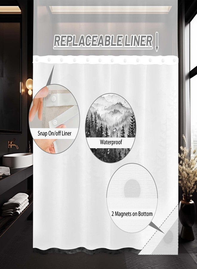 QGHOT Forest Hookless Shower Curtain with Snap in Liner, Nature Mountain No Hook Double Layer Shower Curtain and Liner Set, Ringless with Window Waterproof Cloth Fabric, 71" W x 74" L, Black - Image 4