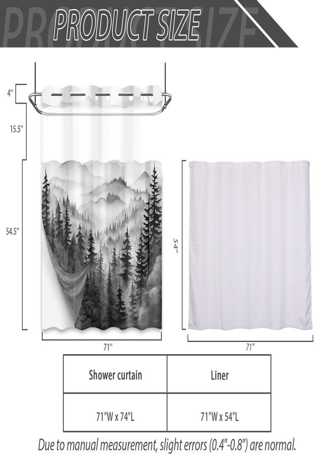 QGHOT Forest Hookless Shower Curtain with Snap in Liner, Nature Mountain No Hook Double Layer Shower Curtain and Liner Set, Ringless with Window Waterproof Cloth Fabric, 71" W x 74" L, Black - Image 5