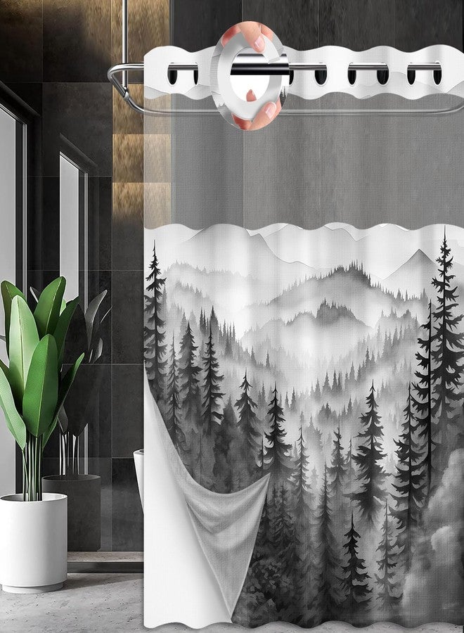 QGHOT Forest Hookless Shower Curtain with Snap in Liner, Nature Mountain No Hook Double Layer Shower Curtain and Liner Set, Ringless with Window Waterproof Cloth Fabric, 71" W x 74" L, Black - Image 1