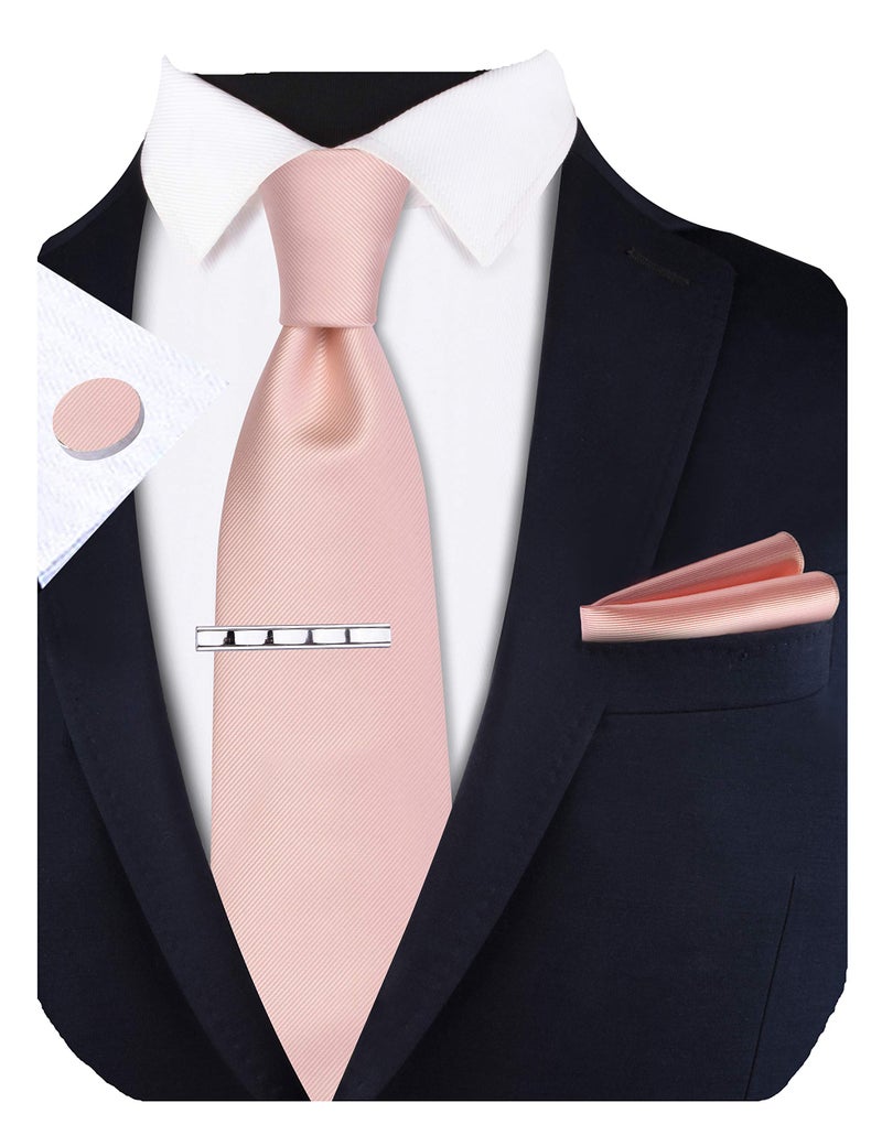 GUSLESON Mens Rose Gold Tie set Silk Ties for Men Solid Necktie Handkerchief Cufflinks Tie Clip with Gift Box (6101-23) - Image 1