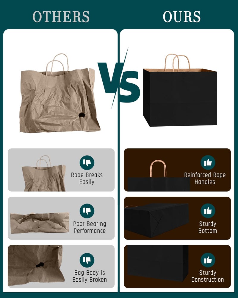 Bakepacker 60-Pack Wide Large Size Paper Bags With Handles Bulk 12.6"x4.3"x10" Black Party Kraft Shopping Bags - Image 4