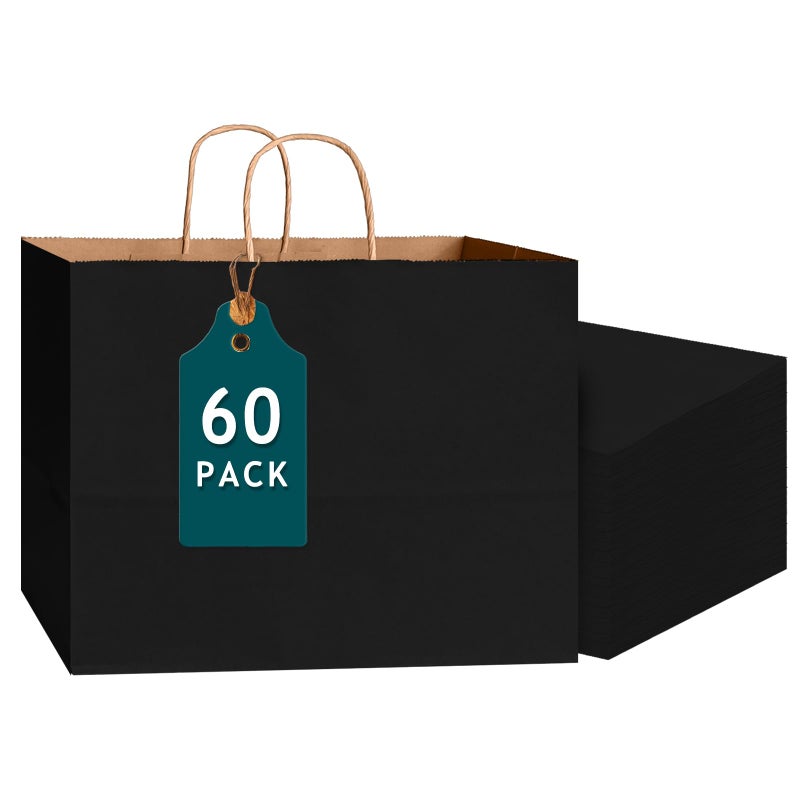 Bakepacker 60-Pack Wide Large Size Paper Bags With Handles Bulk 12.6"x4.3"x10" Black Party Kraft Shopping Bags - Image 1