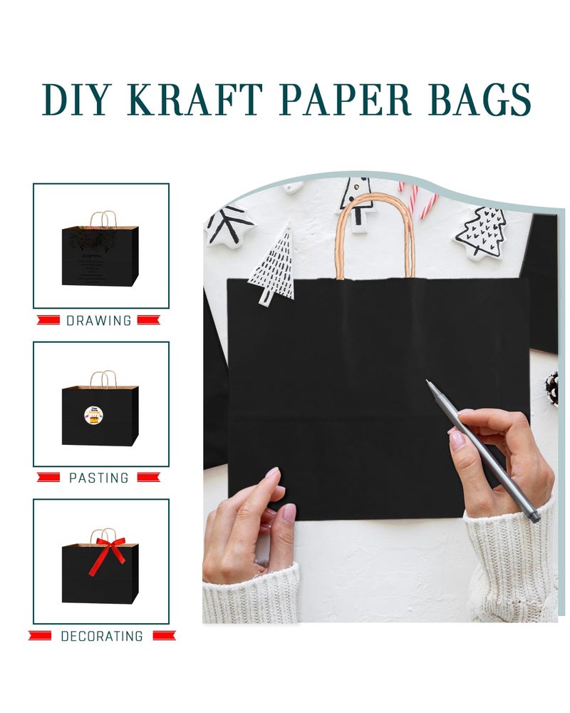 Bakepacker 60-Pack Wide Large Size Paper Bags With Handles Bulk 12.6"x4.3"x10" Black Party Kraft Shopping Bags - Image 2