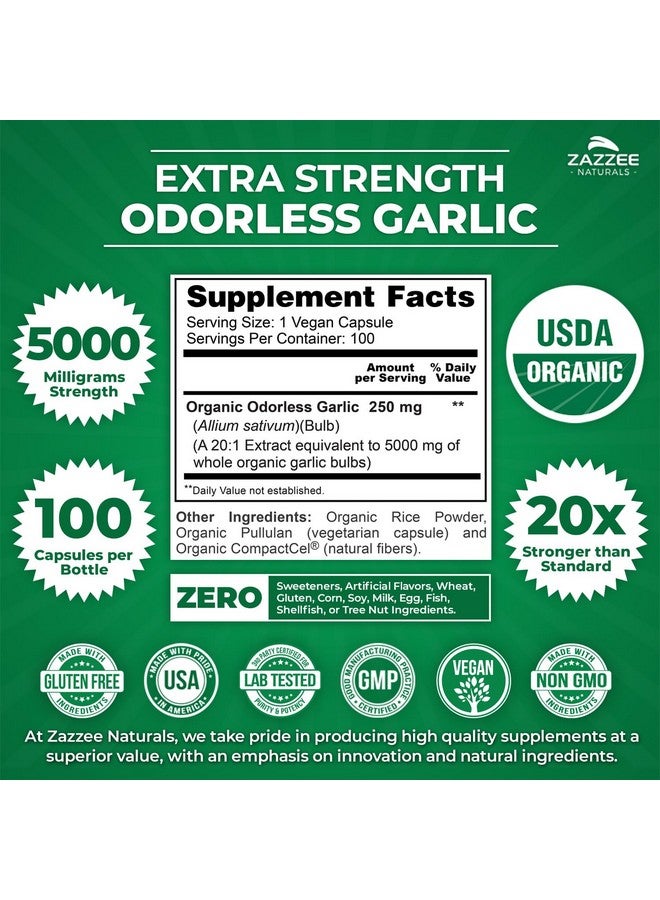 Zazzee USDA Organic Odorless Garlic 20:1 Extract, 5000 mg Strength, 100 Vegan Capsules, 3+ Month Supply, Standardized, Concentrated 20X Extract, 100% Vegetarian, All-Natural, Non-GMO, Made in The USA - Image 3
