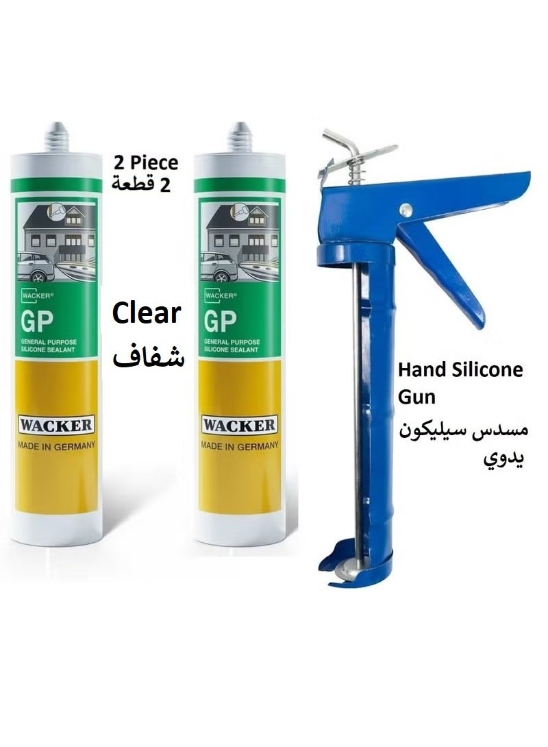 WACKER Hand Caulking Gun Heavy Duty Silicone Glue Gun 9 Inch With 2 Piece Wacker Germany Silicone Sealant General Purpose GP Clear 280ml - Image 1