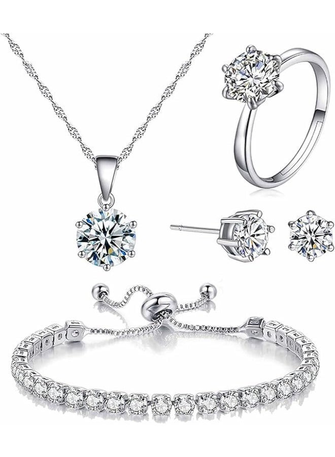 Bukela 5-Piece 6Claw Zircon Jewelry Set - Pendant+Necklace+Earrings+Ring+Bracelet for Women Girls, Elegant Party Wedding Daily Accessory & Perfect Gift - Image 1