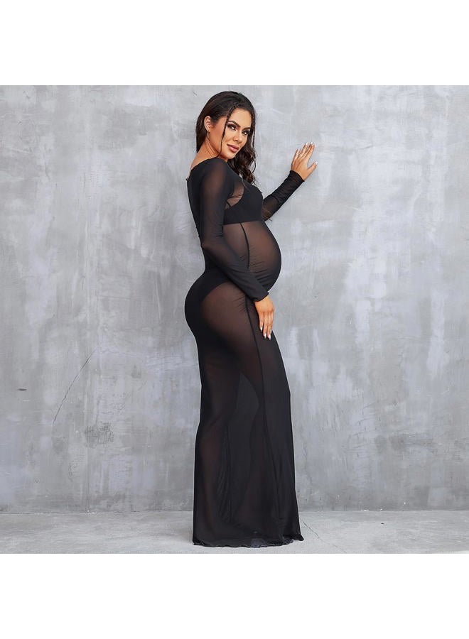 Bhome Maternity Photoshoot Dress Long Sleeve Sheer Mesh Maternity Maxi Gown Babyshower Black L - Image 3