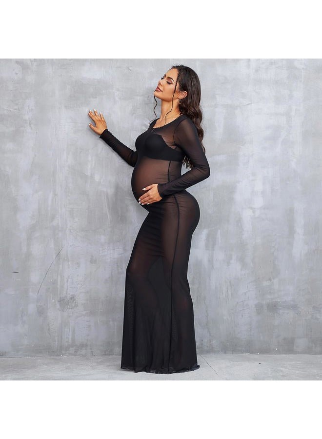 Bhome Maternity Photoshoot Dress Long Sleeve Sheer Mesh Maternity Maxi Gown Babyshower Black L - Image 2