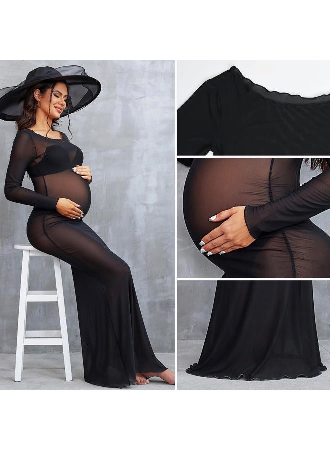 Bhome Maternity Photoshoot Dress Long Sleeve Sheer Mesh Maternity Maxi Gown Babyshower Black L - Image 5