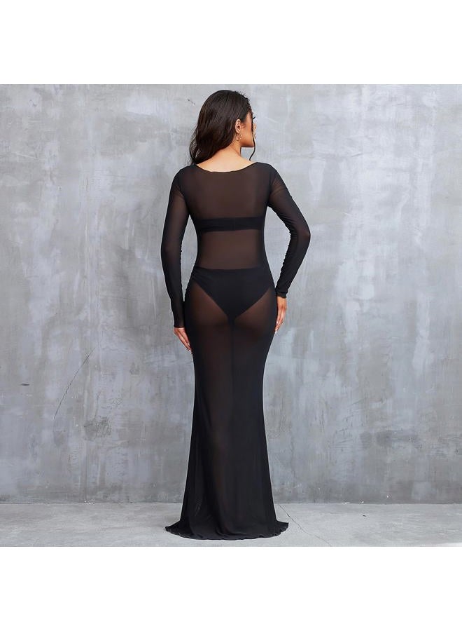 Bhome Maternity Photoshoot Dress Long Sleeve Sheer Mesh Maternity Maxi Gown Babyshower Black L - Image 4