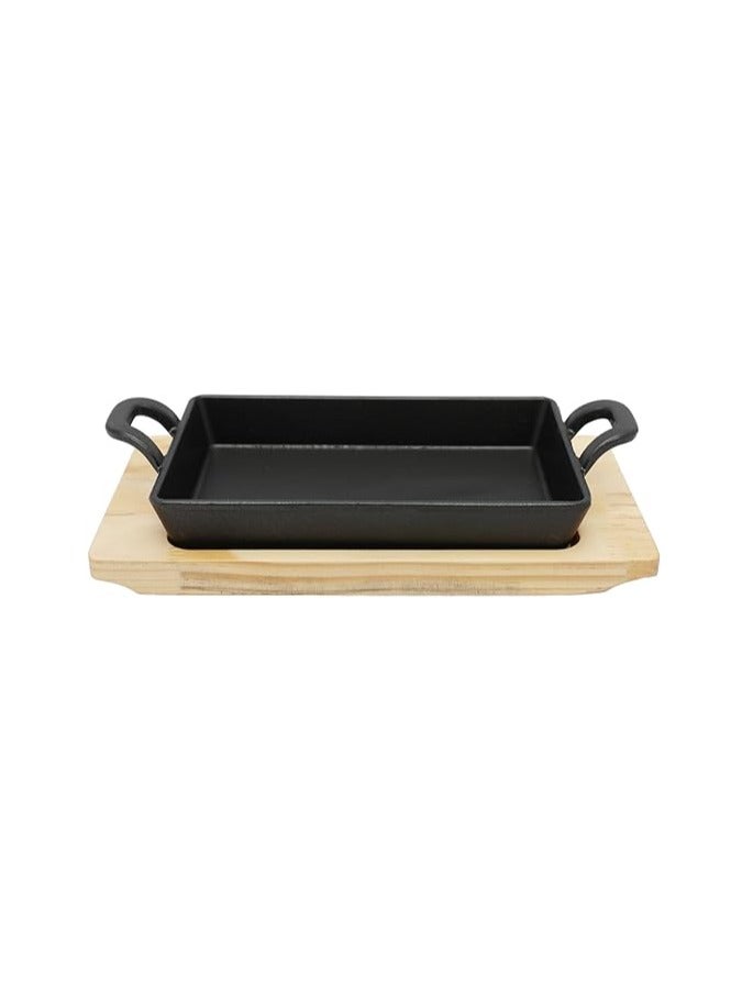 20 cm *12.5 cm Rectangular Cast Iron Skillet With Side Handles And Wooden Base | Roasting Pan For Cooking And Grilling Oven Safe Cast Iron - Image 2