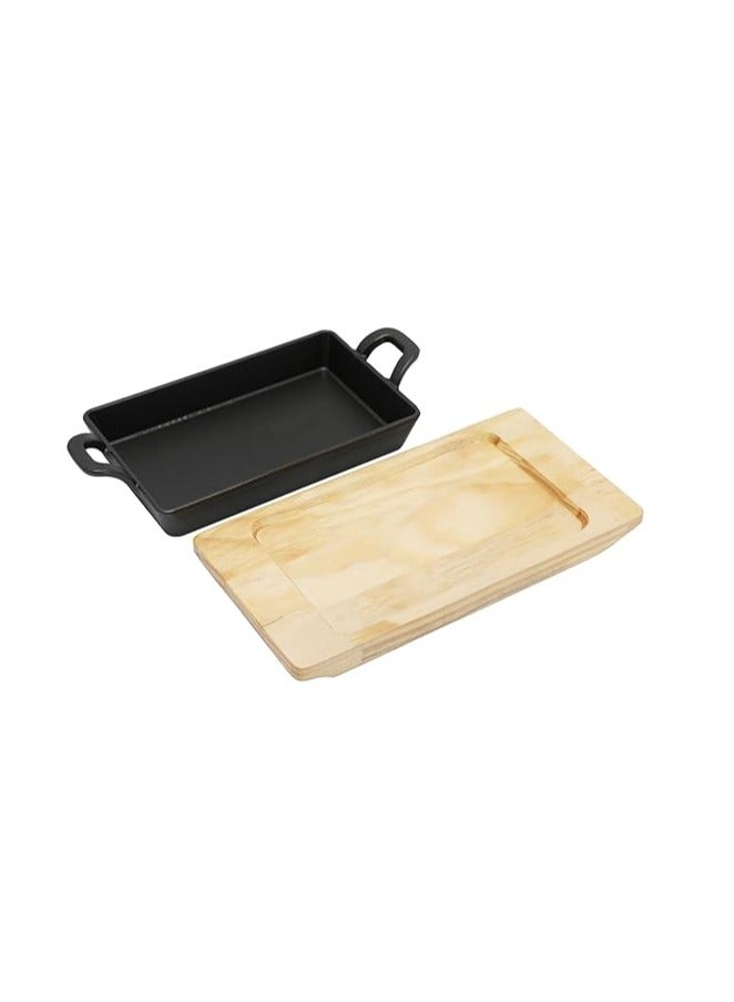 20 cm *12.5 cm Rectangular Cast Iron Skillet With Side Handles And Wooden Base | Roasting Pan For Cooking And Grilling Oven Safe Cast Iron - Image 3