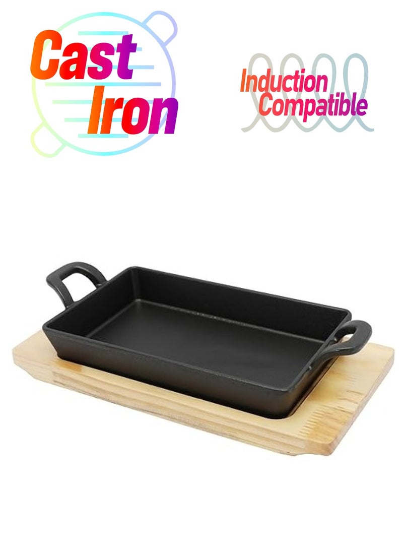 20 cm *12.5 cm Rectangular Cast Iron Skillet With Side Handles And Wooden Base | Roasting Pan For Cooking And Grilling Oven Safe Cast Iron - Image 1