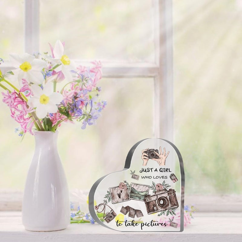 MUNLICAR Photographers Gifts for Women, Photo Lovers Birthday Gifts, Camera Themed Paperweight Friendships Gifts for Besties, Desk Table Decor for Girls, Just a Girl Who Loves Acrylic Sign - Image 5