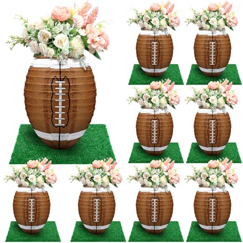 Rossesay 8 Pcs 12 Inches Football Table Centerpiece Paper Lantern with 8 Pcs Fake Grass Squares Soccer Centerpiece Decoration Set Paper Sports Ball Lantern Faux Grass Turf PatchFootball - Image 1