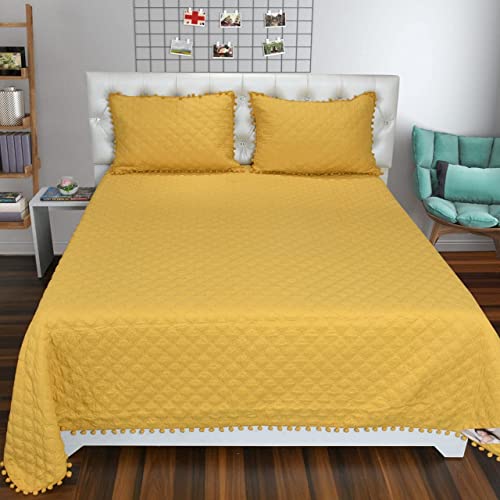 MORADO Luxury Ultrasonic Glace Cotton Solid Bubble lace Lightweight All Season Bedspreads/Bed Cover with 2 King Size Pillow Covers - (90x100 Inches, Yellow Bright) - Image 2