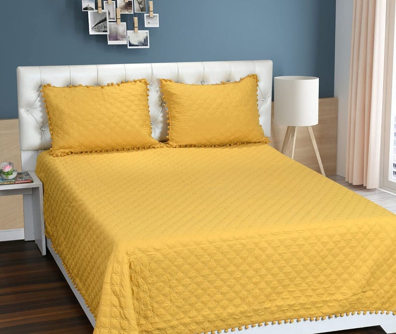 MORADO Luxury Ultrasonic Glace Cotton Solid Bubble lace Lightweight All Season Bedspreads/Bed Cover with 2 King Size Pillow Covers - (90x100 Inches, Yellow Bright) - Image 3
