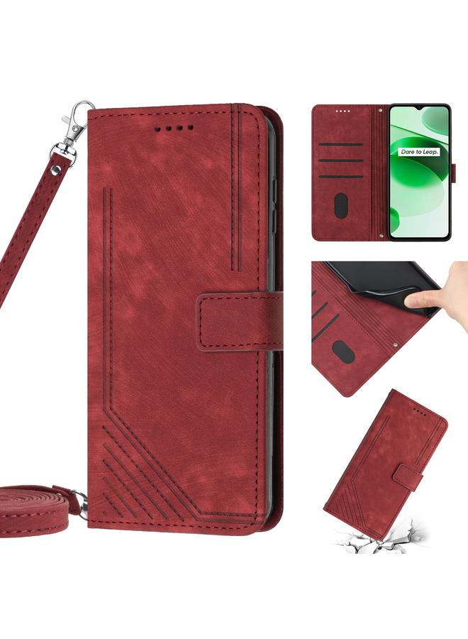 Skin Feel Stripe Pattern Leather Phone Case with Lanyard for Realme 9 Pro / 9 5G EU / V25 / OnePlus Nord CE 2 Lite 5G