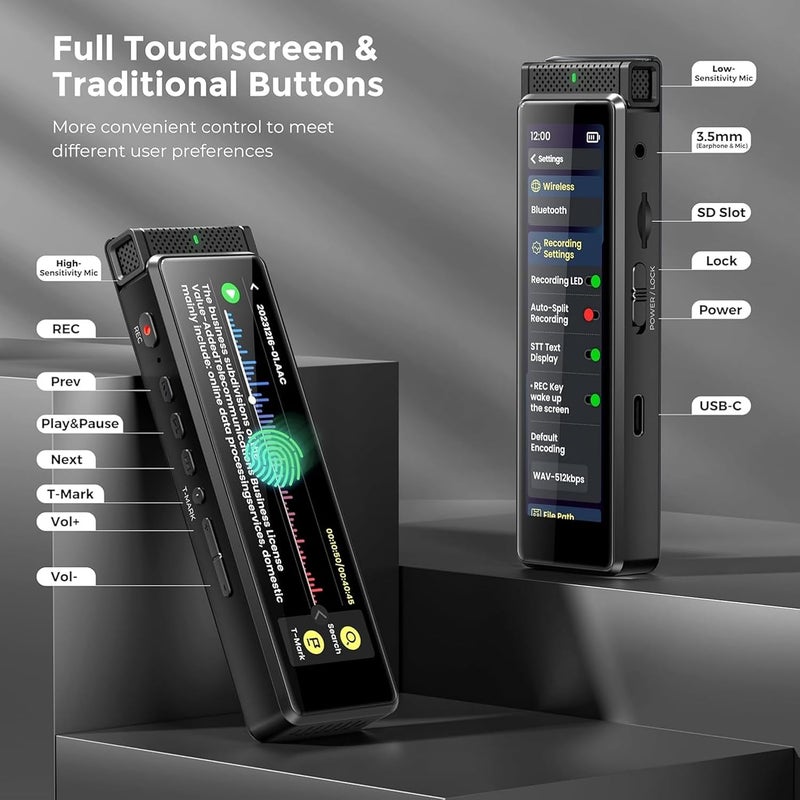 innioasis R1 Digital Voice Recorder with Playback, 136GB Full Touch Screen Voice Recorder with Bluetooth, Voice Activated Sound Audio Recorder Device with Microphone (Black) - Image 5