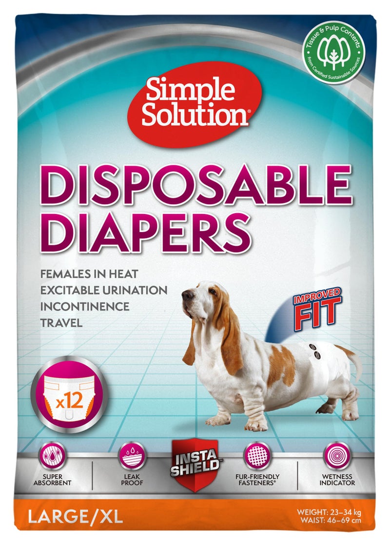Simple Solution Disposable Dog Diapers for Female Dogs Super Absorbent LeakProof Fit Large 12 Count Pack of 1