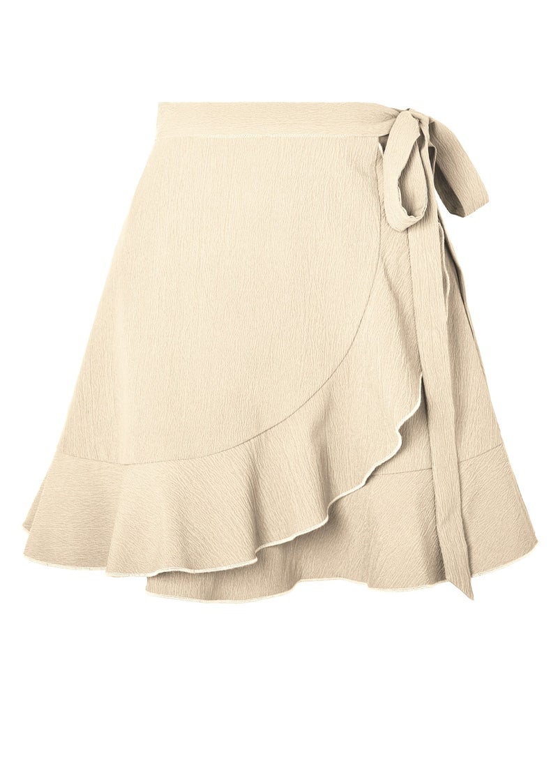 Loquat Women's Solid Color Ruffle Wrap Skirt Tie Waist Boho Mini Short Beach Skirt Beige  - Image 3
