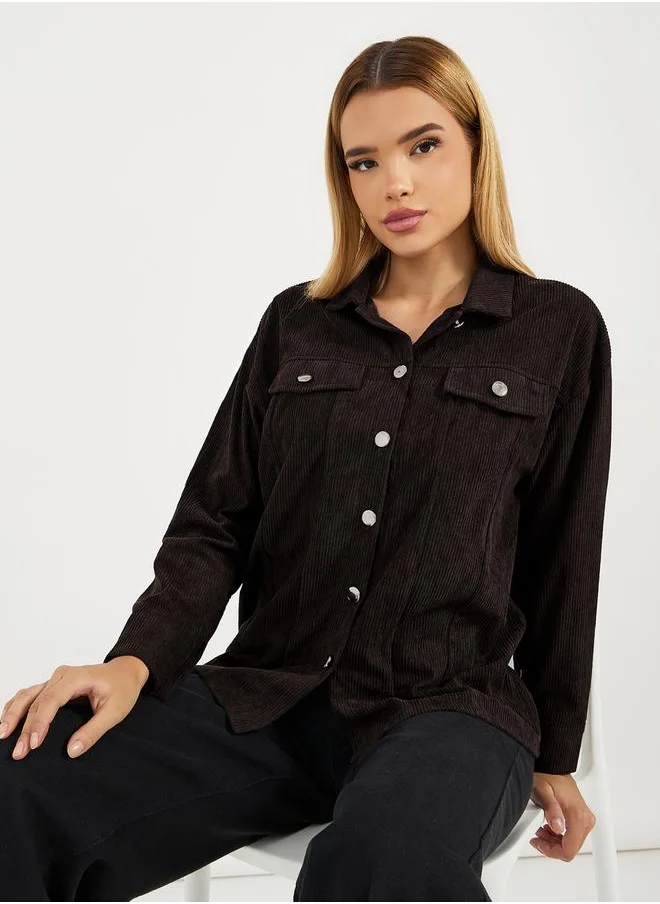 Styli Relaxed Fit Corduroy Shirt with Metal Button