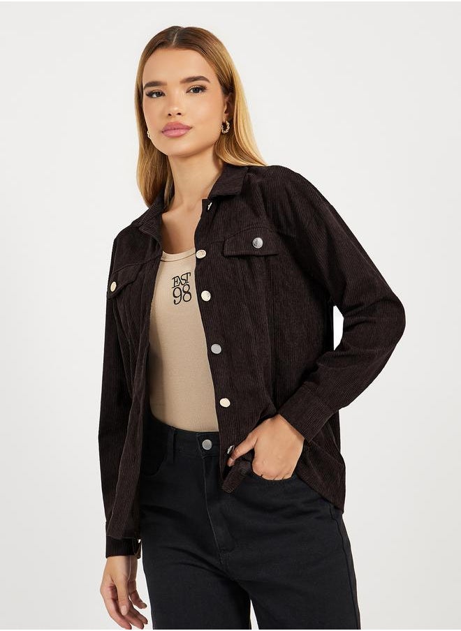 Relaxed Fit Corduroy Shirt with Metal Button