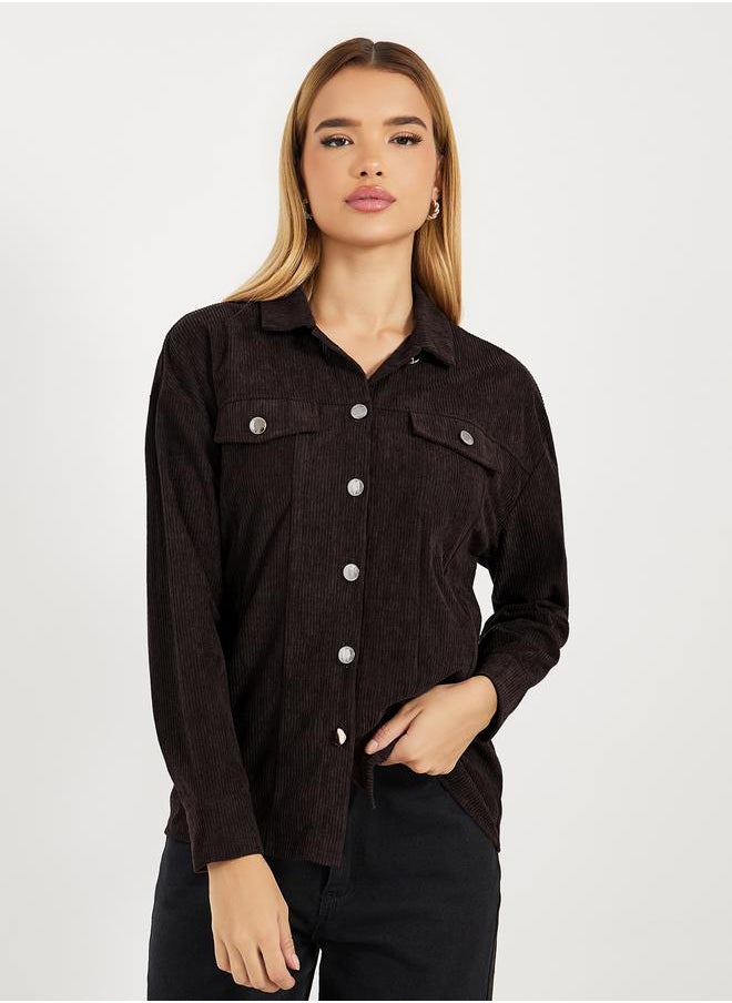 Relaxed Fit Corduroy Shirt with Metal Button