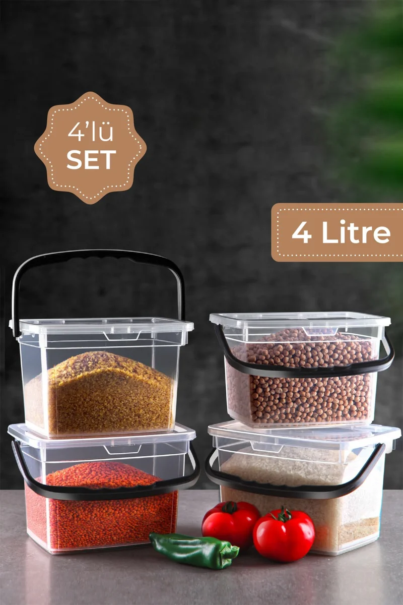 فينيف 4-Piece Square Flour and Legumes Container 4 Liter - Detergent Storage Box Container with Handle White