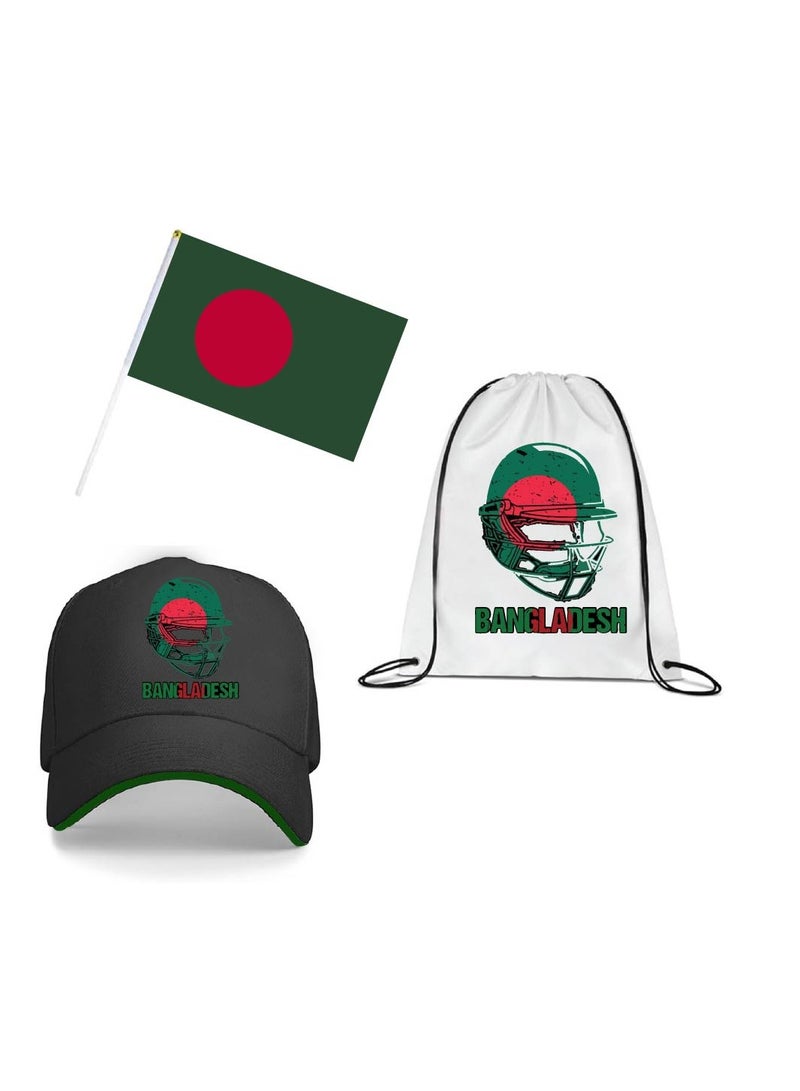 Bangladesh Cricket Sports Fans Set - Pack of 3 Combo - Cap, Drawstring Bag, and Hand Flag - Ideal for Matches, Events, and Everyday Use - Perfect for Sports Fans - Image 1