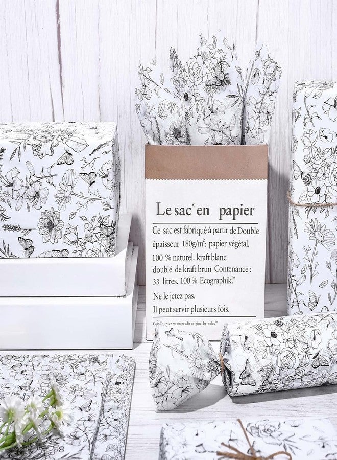 100 Sheets Vintage Floral Tissue Paper Botanical Gift Wrapping Tissue Bulk Black White Wildflower DIY Art Craft Paper for Spring Wedding Birthday Baby Shower, 13.7 x 19.6 Inch - Image 5