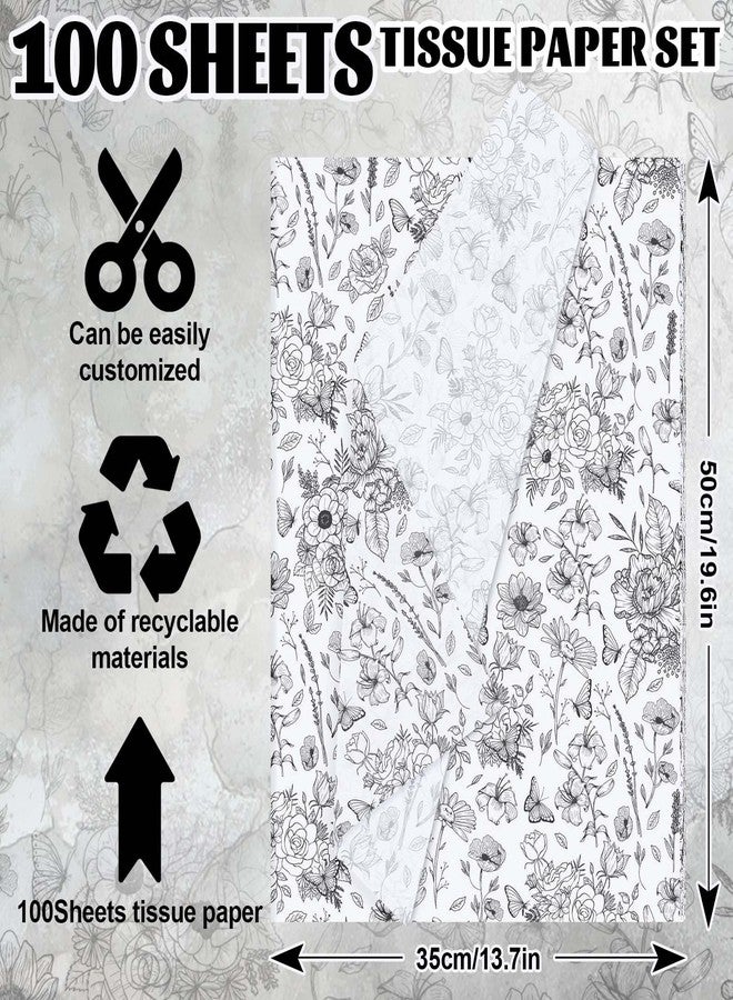 100 Sheets Vintage Floral Tissue Paper Botanical Gift Wrapping Tissue Bulk Black White Wildflower DIY Art Craft Paper for Spring Wedding Birthday Baby Shower, 13.7 x 19.6 Inch - Image 2