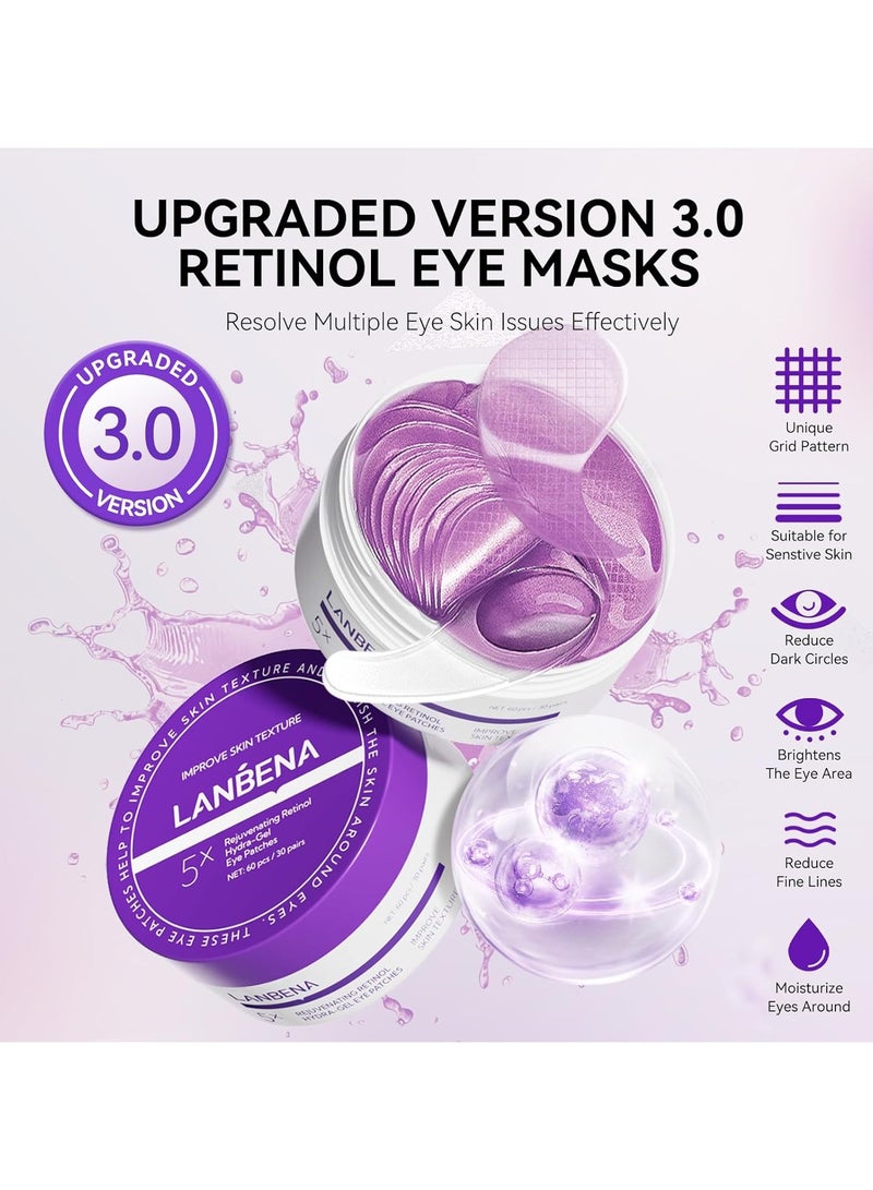 LANBENA Retinol Under Eye Patches for Dark Circles and Puffy Eyes, Cooling Eye Masks for Eye Bags, Fine Lines & Wrinkles Reduce, Anti-Aging, Hydra-Gel Collagen-30 Pairs - Image 2