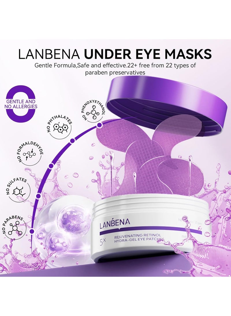LANBENA Retinol Under Eye Patches for Dark Circles and Puffy Eyes, Cooling Eye Masks for Eye Bags, Fine Lines & Wrinkles Reduce, Anti-Aging, Hydra-Gel Collagen-30 Pairs - Image 3