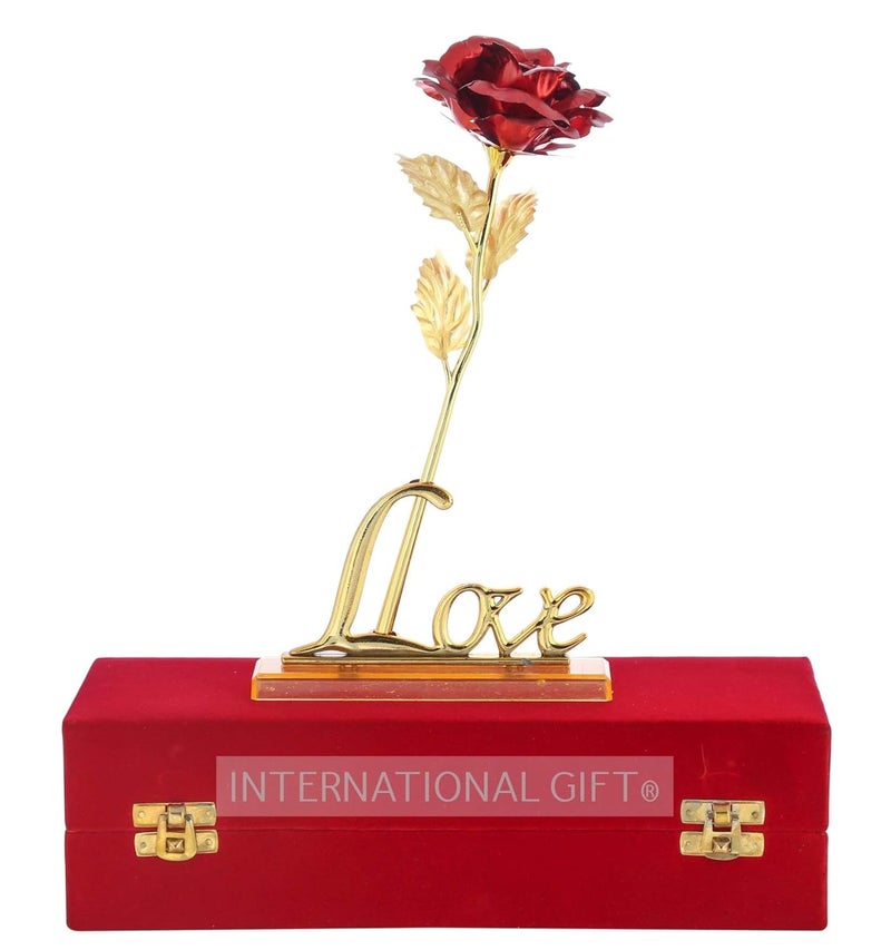 Red Rose Flower with Golden Leaf with Love Shape Stand and Luxury Red Gift Box
