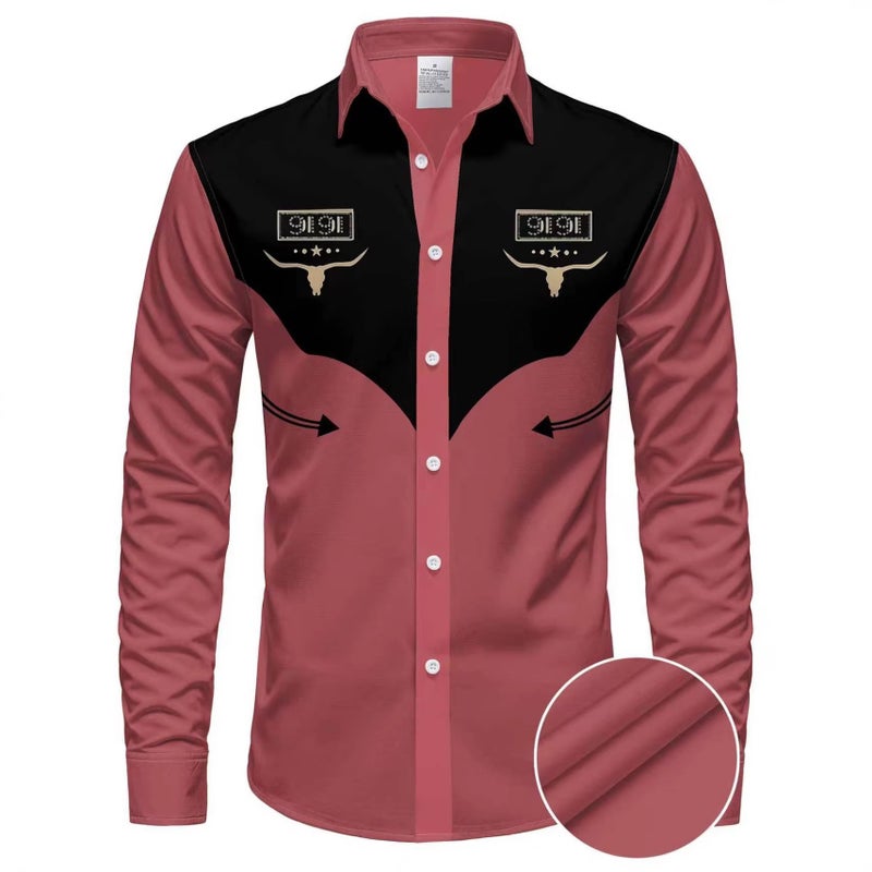 Men's Long Sleeve Ethnic Print Shirt, Cow Print Pattern, Turn-down Collar, 3D Print, Polyester, Breathable & Stretchable