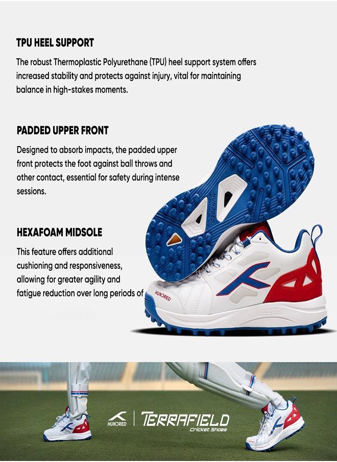 Hundred TerraField Cricket Shoes | TerraSpike Rubber Studs | Embedded Support Plate for Stability | Lightweight & Durable | Ideal for Turf, Ground & Hard Surfaces (White/Blue/Red ; UK 7) - pzsku/ZC2DA7A1DB46AF7070CC4Z/45/_/1726728146/82a41718-3869-4d9c-8f5b-b9f9e224af04