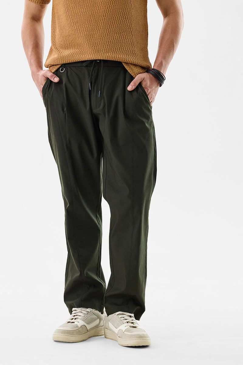 SNITCH Dark Green Solid Slim Fit Casual Trousers