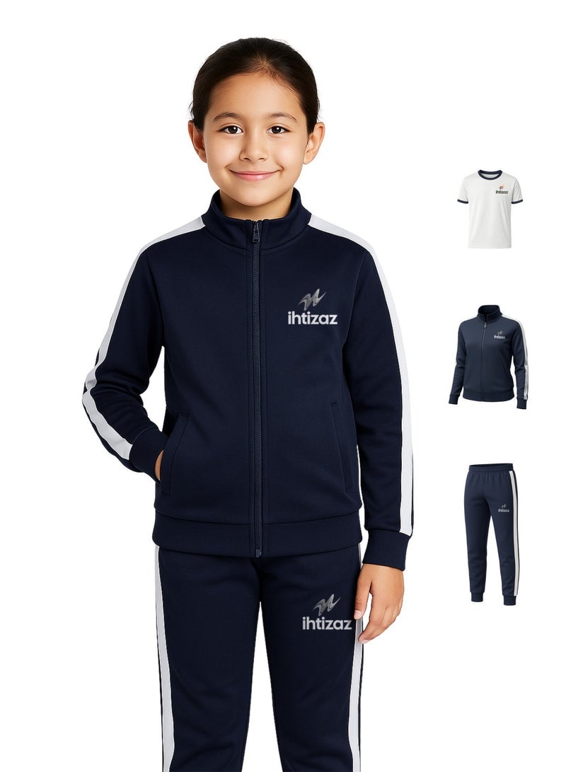 ihtizaz Girls’ 3-Piece School Sports Uniform Set – Elementary School | White Sports T-Shirt + Navy Track Pants + Navy Zip Jacket | PE Athletic Set | Breathable & Comfortable - Image 2