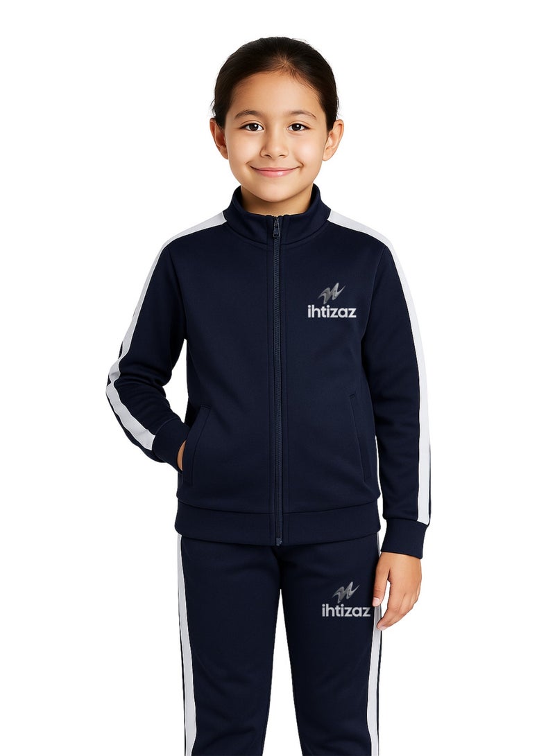 ihtizaz Girls’ 3-Piece School Sports Uniform Set – Elementary School | White Sports T-Shirt + Navy Track Pants + Navy Zip Jacket | PE Athletic Set | Breathable & Comfortable - Image 4