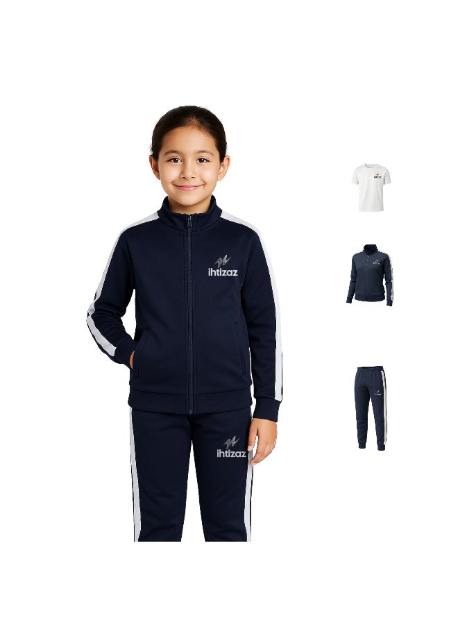 ihtizaz Girls’ 3-Piece School Sports Uniform Set – Elementary School | White Sports T-Shirt + Navy Track Pants + Navy Zip Jacket | PE Athletic Set | Breathable & Comfortable - Image 1