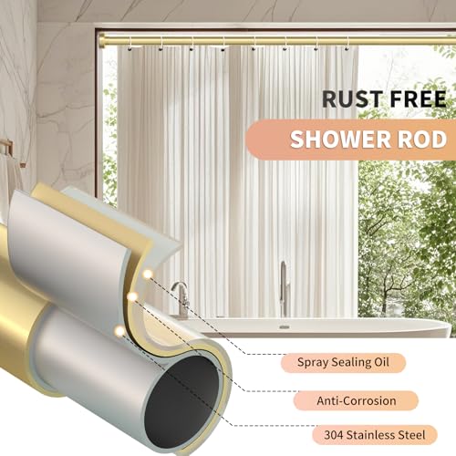 Emlaoe Gold Shower Curtain Rod 34-82 Inches(2.8-6.8ft) Never Rust Adjustable Shower Rod Spring Tension Non Slip No Drilling Shower Rods for Bathroom Garland Window - Image 3