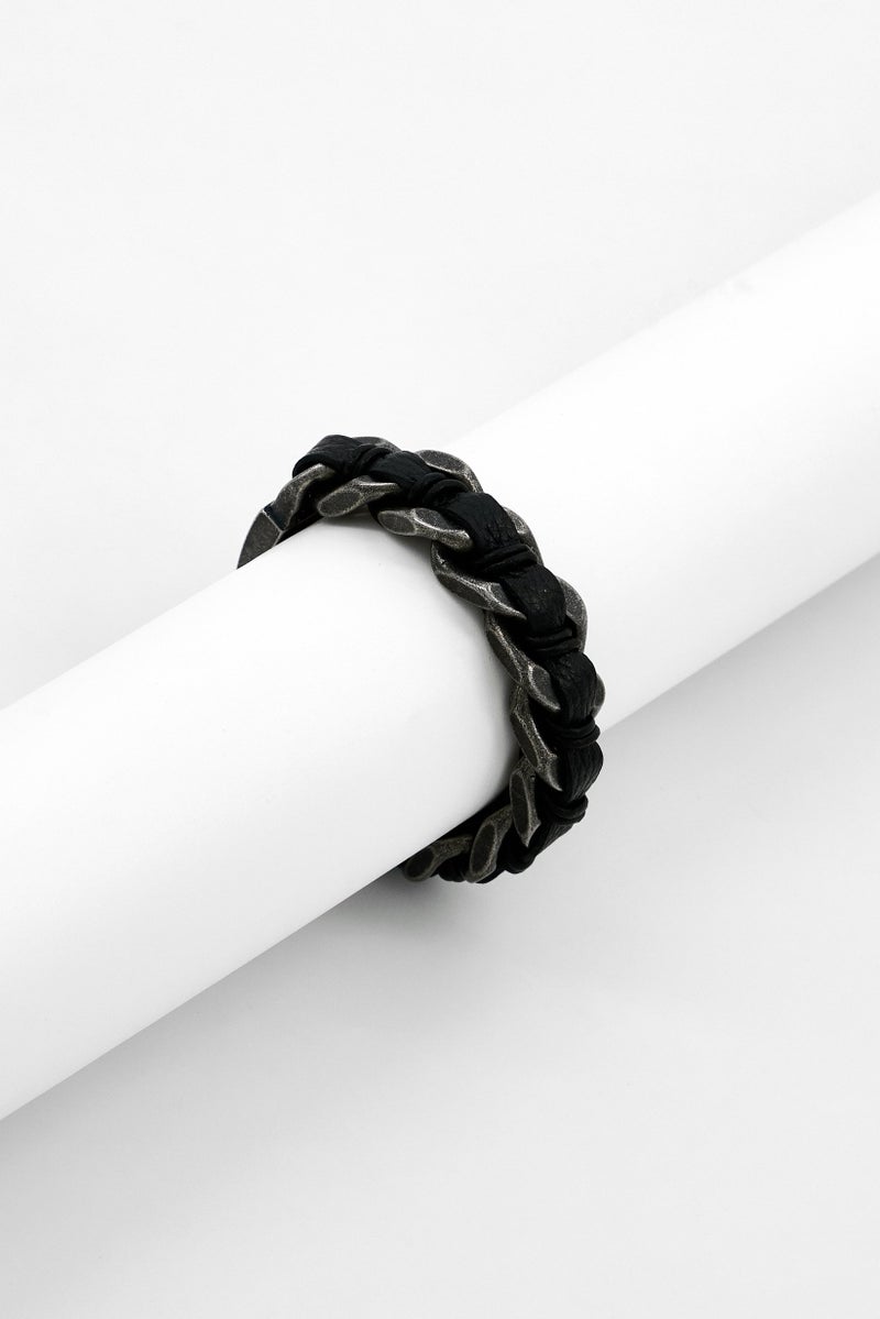 POLICE Men Fashionable Leather Shock Chain Bracelet, Black  - Image 1