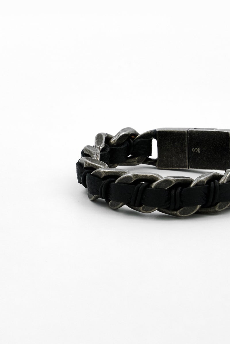 POLICE Men Fashionable Leather Shock Chain Bracelet, Black  - Image 4