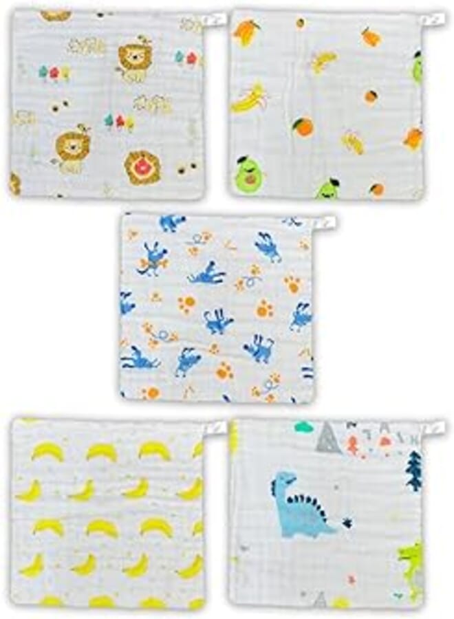MARGOUN Baby Muslin Washcloths Soft Face Cloths for Newborn 30 * 30 cm, Absorbent Bath Face Towels, Baby Wipes, Burp Cloths or Face Towels (5 pack B)
