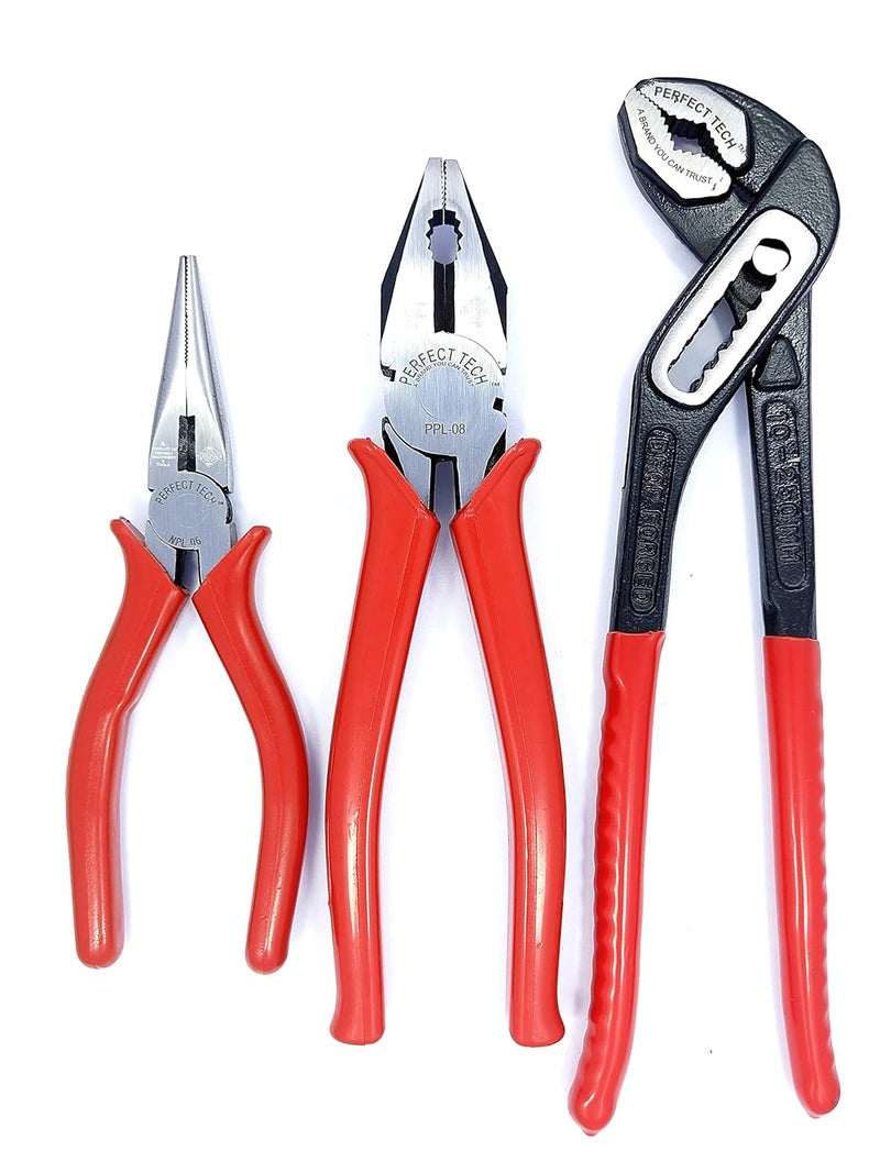 PERFECT TECH 3 Pcs Set Combination Plier 8 inch | 10 Inch Water Pump Plier | 6 Inch Long Nose Plier | Box Type | Tool Kit Set | Cutting Player | (Lineman Plier) Multipurpose Use (Heavy Duty) - Image 1