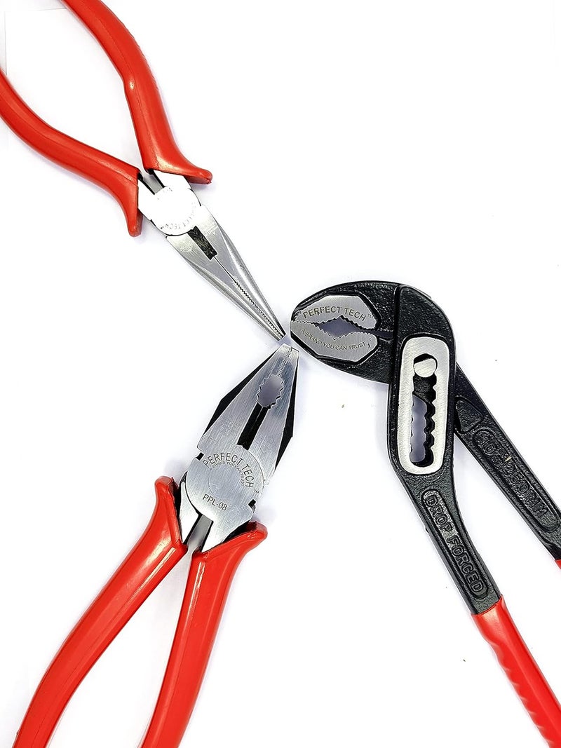 PERFECT TECH 3 Pcs Set Combination Plier 8 inch | 10 Inch Water Pump Plier | 6 Inch Long Nose Plier | Box Type | Tool Kit Set | Cutting Player | (Lineman Plier) Multipurpose Use (Heavy Duty) - Image 2