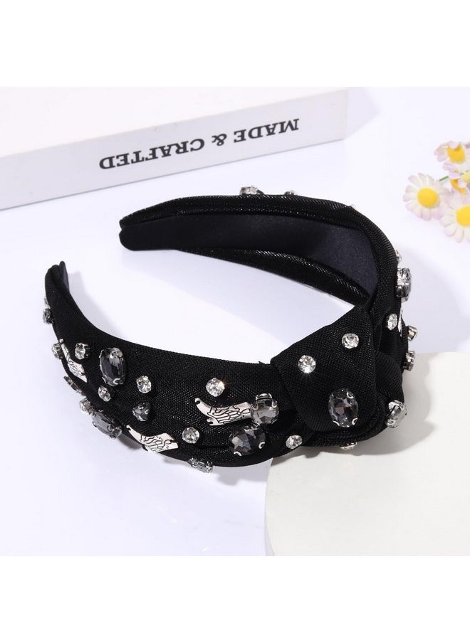 YAHPERN Crystal Knotted Headbands For Women Rhinestone Jeweled Headbands Western Cowboy Boot Embellished Hairbands Vintage Cowgirl Rodeo Outfit Accessories (Black)  - Image 3